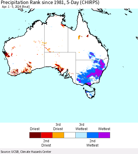 Australia Precipitation Rank since 1981, 5-Day (CHIRPS) Thematic Map For 4/1/2024 - 4/5/2024