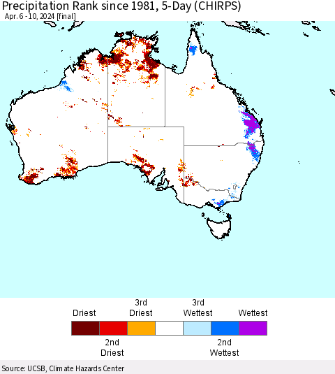 Australia Precipitation Rank since 1981, 5-Day (CHIRPS) Thematic Map For 4/6/2024 - 4/10/2024