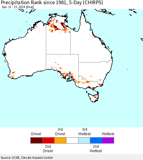 Australia Precipitation Rank since 1981, 5-Day (CHIRPS) Thematic Map For 4/11/2024 - 4/15/2024