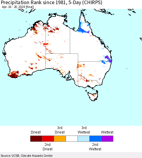 Australia Precipitation Rank since 1981, 5-Day (CHIRPS) Thematic Map For 4/16/2024 - 4/20/2024