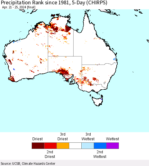 Australia Precipitation Rank since 1981, 5-Day (CHIRPS) Thematic Map For 4/21/2024 - 4/25/2024