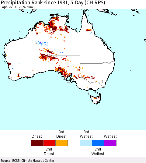 Australia Precipitation Rank since 1981, 5-Day (CHIRPS) Thematic Map For 4/26/2024 - 4/30/2024