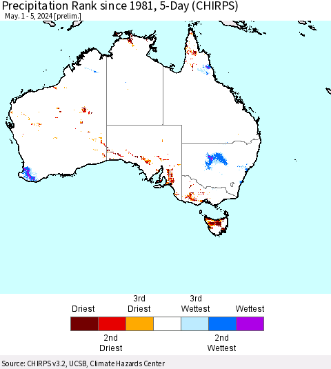 Australia Precipitation Rank since 1981, 5-Day (CHIRPS) Thematic Map For 5/1/2024 - 5/5/2024
