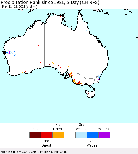 Australia Precipitation Rank since 1981, 5-Day (CHIRPS) Thematic Map For 5/11/2024 - 5/15/2024