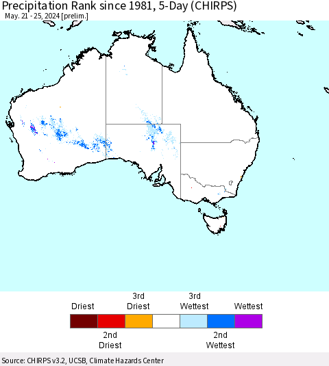 Australia Precipitation Rank since 1981, 5-Day (CHIRPS) Thematic Map For 5/21/2024 - 5/25/2024