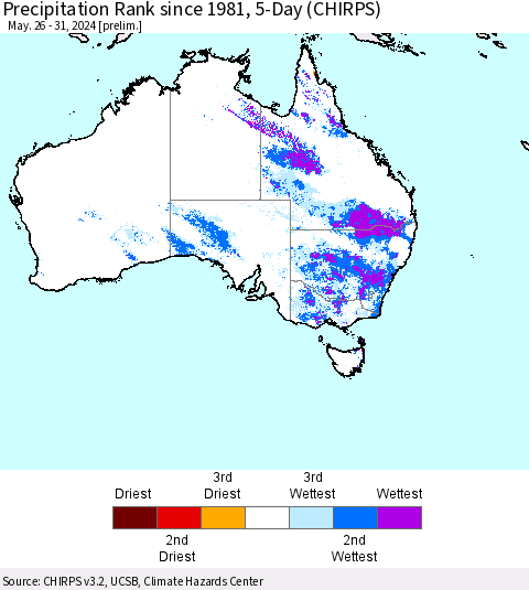 Australia Precipitation Rank since 1981, 5-Day (CHIRPS) Thematic Map For 5/26/2024 - 5/31/2024