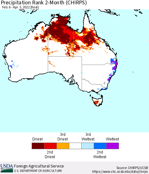 Australia Precipitation Rank since 1981, 2-Month (CHIRPS) Thematic Map For 2/6/2022 - 4/5/2022