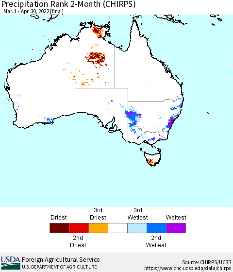 Australia Precipitation Rank since 1981, 2-Month (CHIRPS) Thematic Map For 3/1/2022 - 4/30/2022