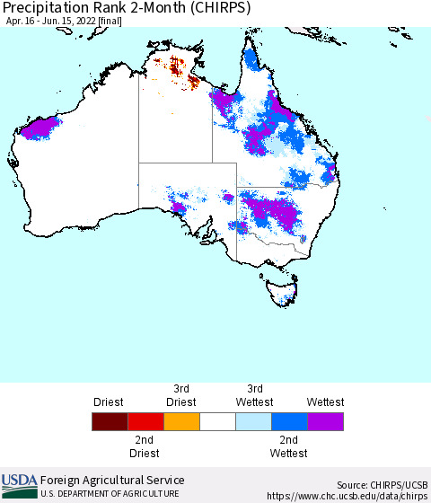 Australia Precipitation Rank since 1981, 2-Month (CHIRPS) Thematic Map For 4/16/2022 - 6/15/2022