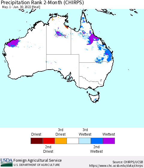 Australia Precipitation Rank since 1981, 2-Month (CHIRPS) Thematic Map For 5/1/2022 - 6/30/2022