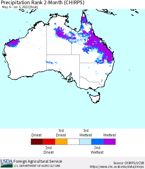 Australia Precipitation Rank since 1981, 2-Month (CHIRPS) Thematic Map For 5/6/2022 - 7/5/2022