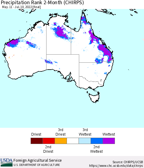 Australia Precipitation Rank since 1981, 2-Month (CHIRPS) Thematic Map For 5/11/2022 - 7/10/2022