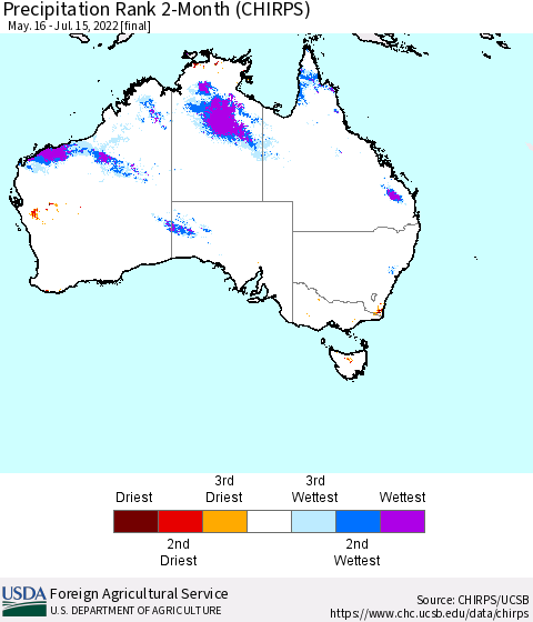 Australia Precipitation Rank since 1981, 2-Month (CHIRPS) Thematic Map For 5/16/2022 - 7/15/2022