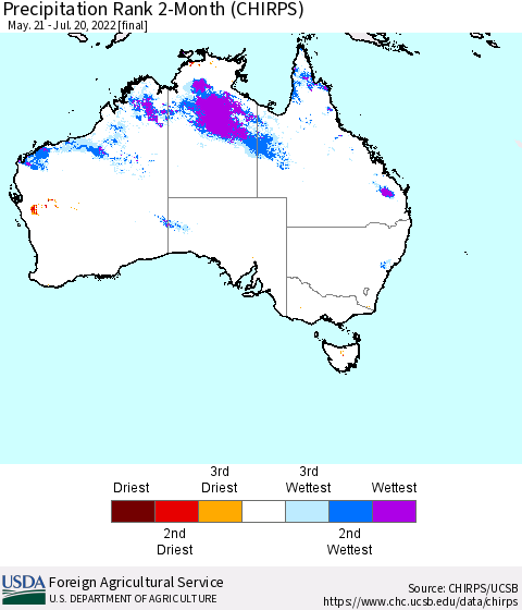 Australia Precipitation Rank since 1981, 2-Month (CHIRPS) Thematic Map For 5/21/2022 - 7/20/2022