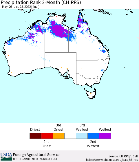 Australia Precipitation Rank since 1981, 2-Month (CHIRPS) Thematic Map For 5/26/2022 - 7/25/2022