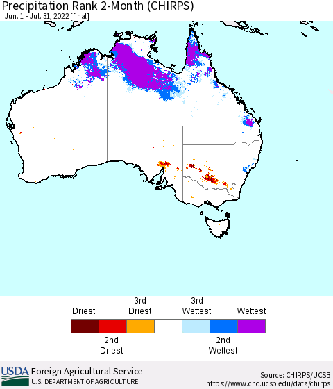 Australia Precipitation Rank since 1981, 2-Month (CHIRPS) Thematic Map For 6/1/2022 - 7/31/2022