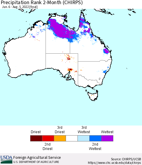 Australia Precipitation Rank since 1981, 2-Month (CHIRPS) Thematic Map For 6/6/2022 - 8/5/2022