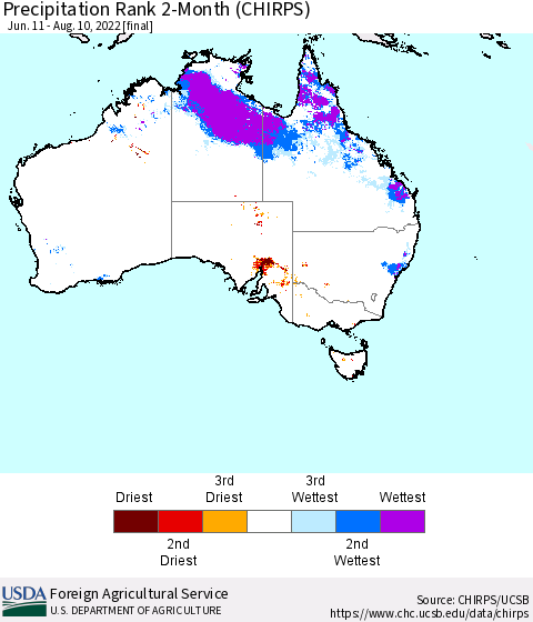 Australia Precipitation Rank since 1981, 2-Month (CHIRPS) Thematic Map For 6/11/2022 - 8/10/2022