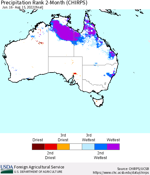 Australia Precipitation Rank since 1981, 2-Month (CHIRPS) Thematic Map For 6/16/2022 - 8/15/2022