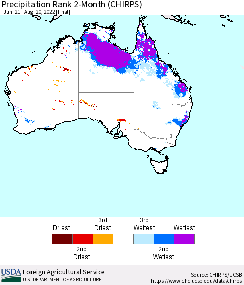 Australia Precipitation Rank since 1981, 2-Month (CHIRPS) Thematic Map For 6/21/2022 - 8/20/2022