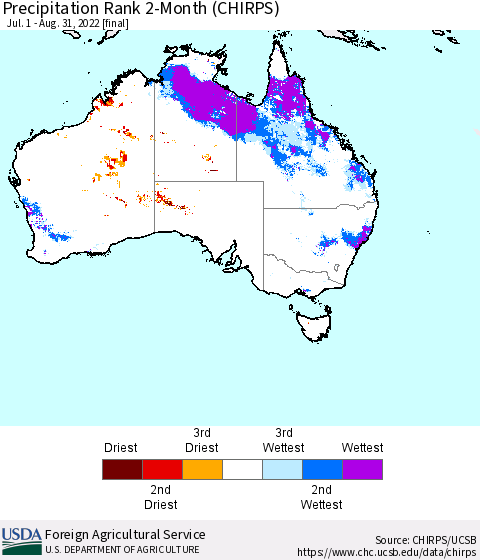 Australia Precipitation Rank since 1981, 2-Month (CHIRPS) Thematic Map For 7/1/2022 - 8/31/2022
