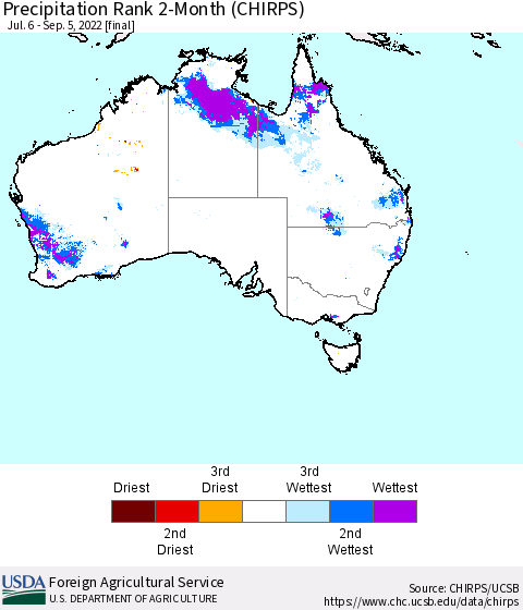 Australia Precipitation Rank since 1981, 2-Month (CHIRPS) Thematic Map For 7/6/2022 - 9/5/2022