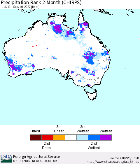 Australia Precipitation Rank since 1981, 2-Month (CHIRPS) Thematic Map For 7/11/2022 - 9/10/2022