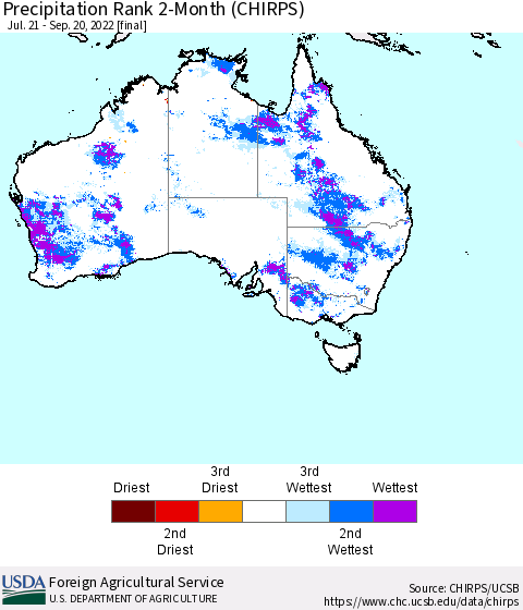 Australia Precipitation Rank since 1981, 2-Month (CHIRPS) Thematic Map For 7/21/2022 - 9/20/2022