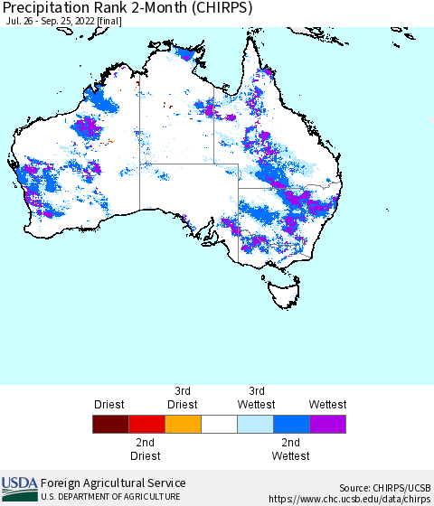 Australia Precipitation Rank since 1981, 2-Month (CHIRPS) Thematic Map For 7/26/2022 - 9/25/2022