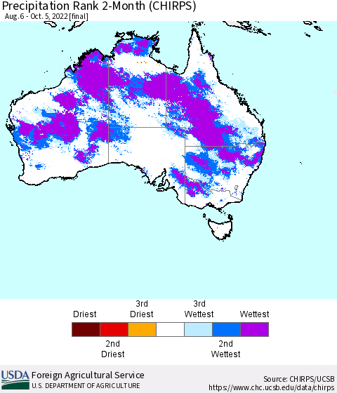 Australia Precipitation Rank since 1981, 2-Month (CHIRPS) Thematic Map For 8/6/2022 - 10/5/2022