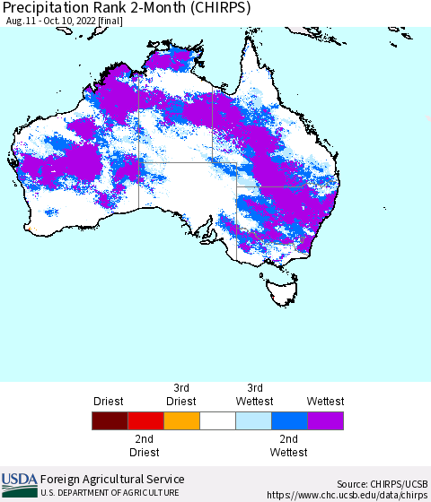 Australia Precipitation Rank since 1981, 2-Month (CHIRPS) Thematic Map For 8/11/2022 - 10/10/2022