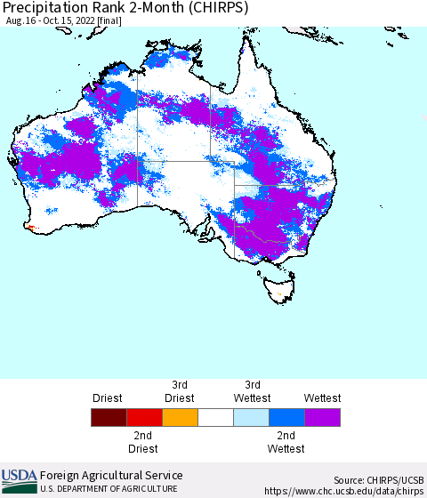 Australia Precipitation Rank since 1981, 2-Month (CHIRPS) Thematic Map For 8/16/2022 - 10/15/2022