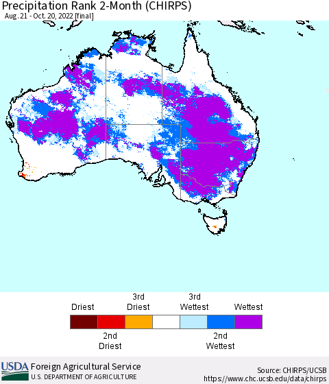 Australia Precipitation Rank since 1981, 2-Month (CHIRPS) Thematic Map For 8/21/2022 - 10/20/2022