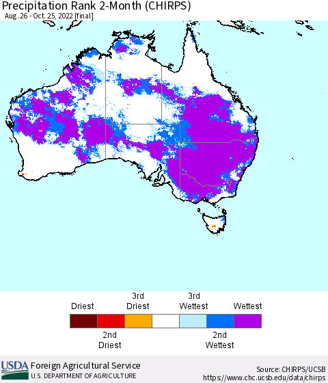Australia Precipitation Rank since 1981, 2-Month (CHIRPS) Thematic Map For 8/26/2022 - 10/25/2022