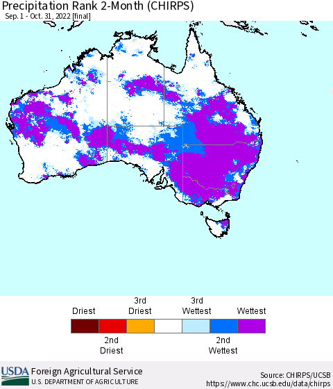 Australia Precipitation Rank since 1981, 2-Month (CHIRPS) Thematic Map For 9/1/2022 - 10/31/2022
