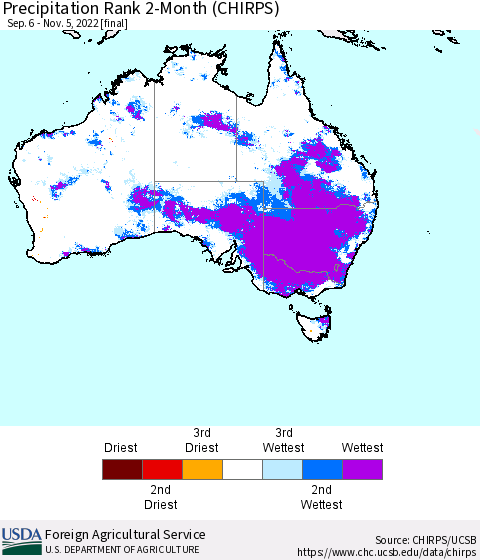 Australia Precipitation Rank since 1981, 2-Month (CHIRPS) Thematic Map For 9/6/2022 - 11/5/2022