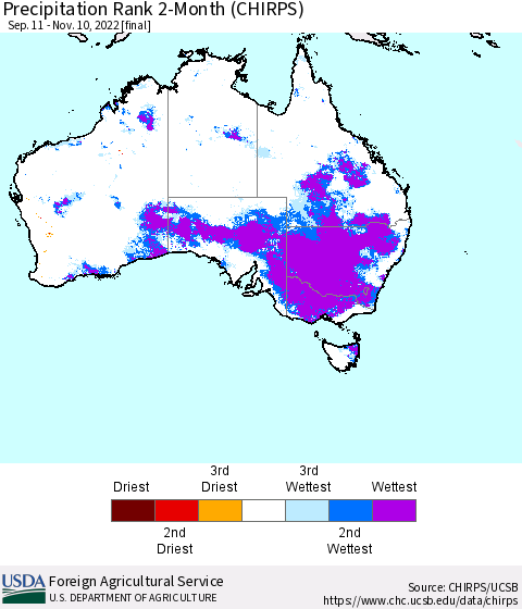 Australia Precipitation Rank since 1981, 2-Month (CHIRPS) Thematic Map For 9/11/2022 - 11/10/2022