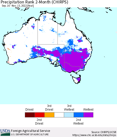 Australia Precipitation Rank since 1981, 2-Month (CHIRPS) Thematic Map For 9/16/2022 - 11/15/2022