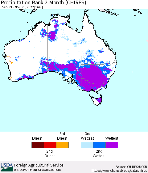 Australia Precipitation Rank since 1981, 2-Month (CHIRPS) Thematic Map For 9/21/2022 - 11/20/2022