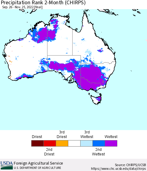 Australia Precipitation Rank since 1981, 2-Month (CHIRPS) Thematic Map For 9/26/2022 - 11/25/2022