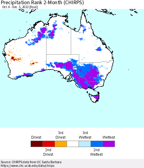 Australia Precipitation Rank since 1981, 2-Month (CHIRPS) Thematic Map For 10/6/2022 - 12/5/2022
