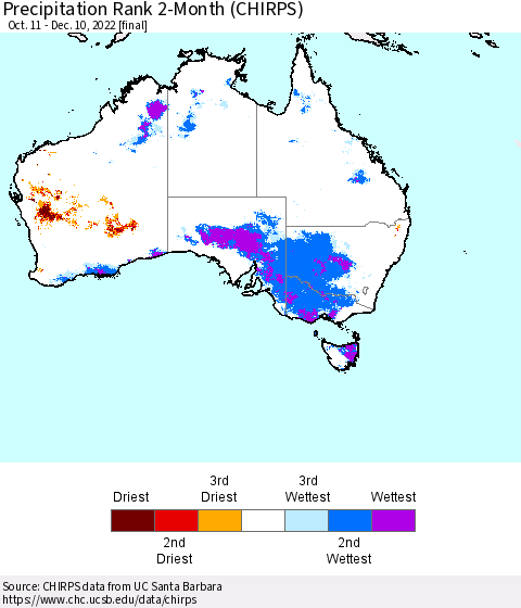 Australia Precipitation Rank since 1981, 2-Month (CHIRPS) Thematic Map For 10/11/2022 - 12/10/2022
