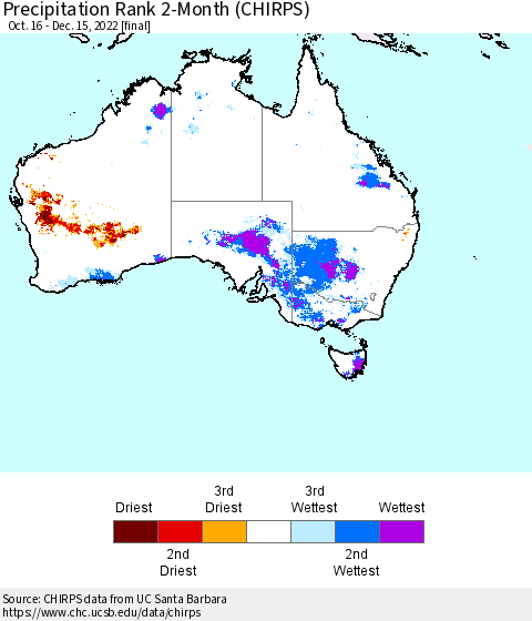 Australia Precipitation Rank since 1981, 2-Month (CHIRPS) Thematic Map For 10/16/2022 - 12/15/2022
