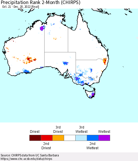 Australia Precipitation Rank since 1981, 2-Month (CHIRPS) Thematic Map For 10/21/2022 - 12/20/2022