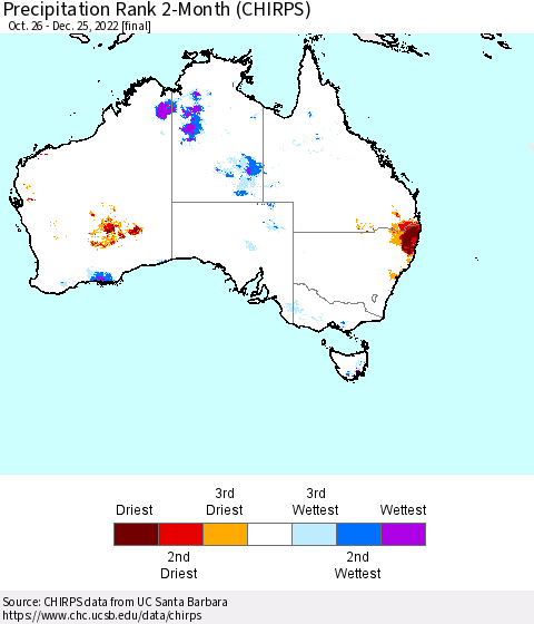Australia Precipitation Rank since 1981, 2-Month (CHIRPS) Thematic Map For 10/26/2022 - 12/25/2022