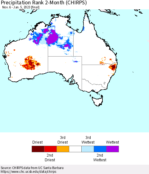Australia Precipitation Rank since 1981, 2-Month (CHIRPS) Thematic Map For 11/6/2022 - 1/5/2023