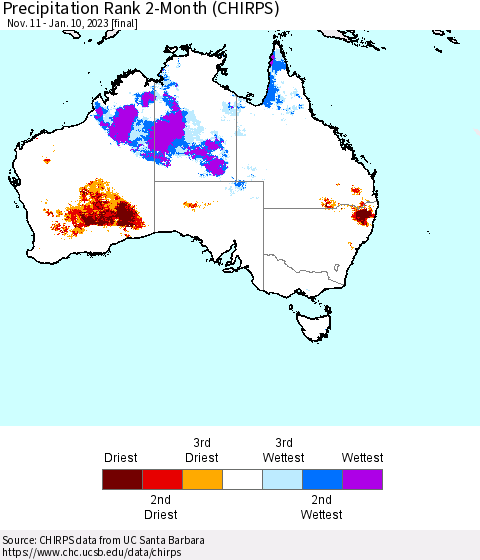 Australia Precipitation Rank since 1981, 2-Month (CHIRPS) Thematic Map For 11/11/2022 - 1/10/2023
