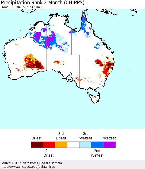 Australia Precipitation Rank since 1981, 2-Month (CHIRPS) Thematic Map For 11/16/2022 - 1/15/2023