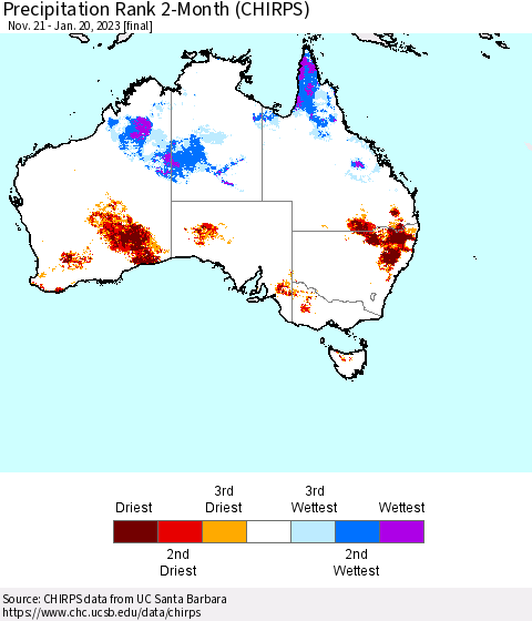 Australia Precipitation Rank since 1981, 2-Month (CHIRPS) Thematic Map For 11/21/2022 - 1/20/2023