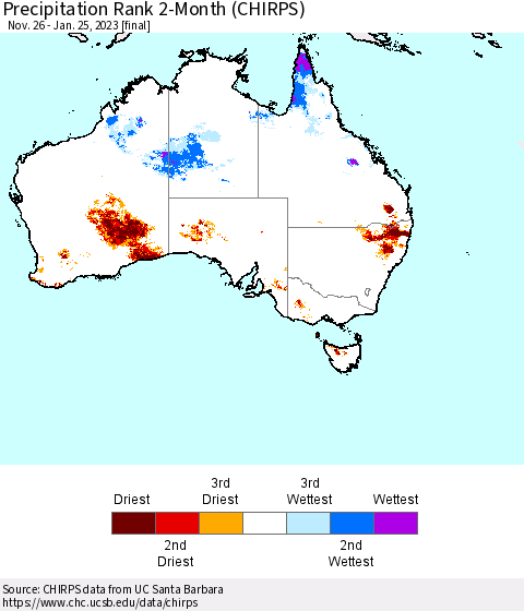 Australia Precipitation Rank since 1981, 2-Month (CHIRPS) Thematic Map For 11/26/2022 - 1/25/2023